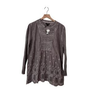 Sweet Magnolia Womens Gray Roll Tab Sleeve Eyelet Boho Pintuck Tunic Size Large